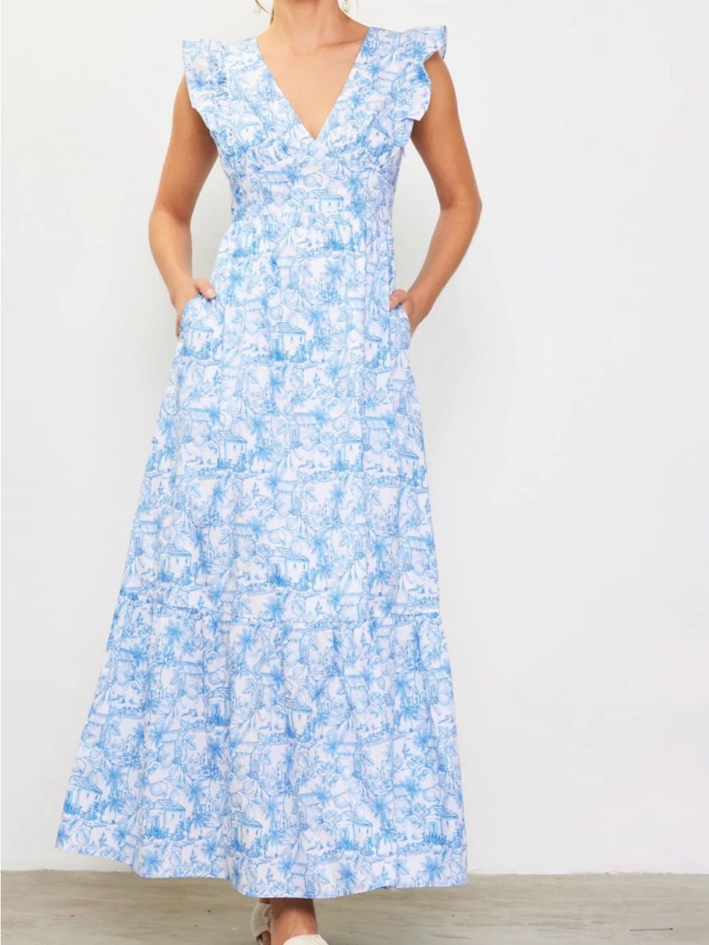 Blue Printed V‑Neck Maxi Dress